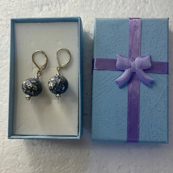Vintage blue white glass ball drop earrings pierced ears silver lever closure